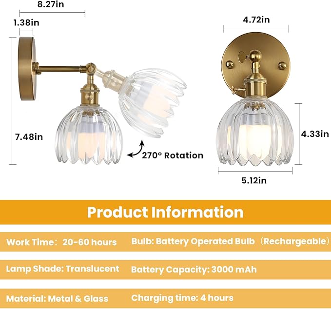 Battery Operated Wall Sconce Set of 2 with Translucent Floral Glass Shade Vintage Wireless Wall Light with Remote Control for, Living Room, Bedroom, Dressing Table Timer/Memory Function/Dimmer
