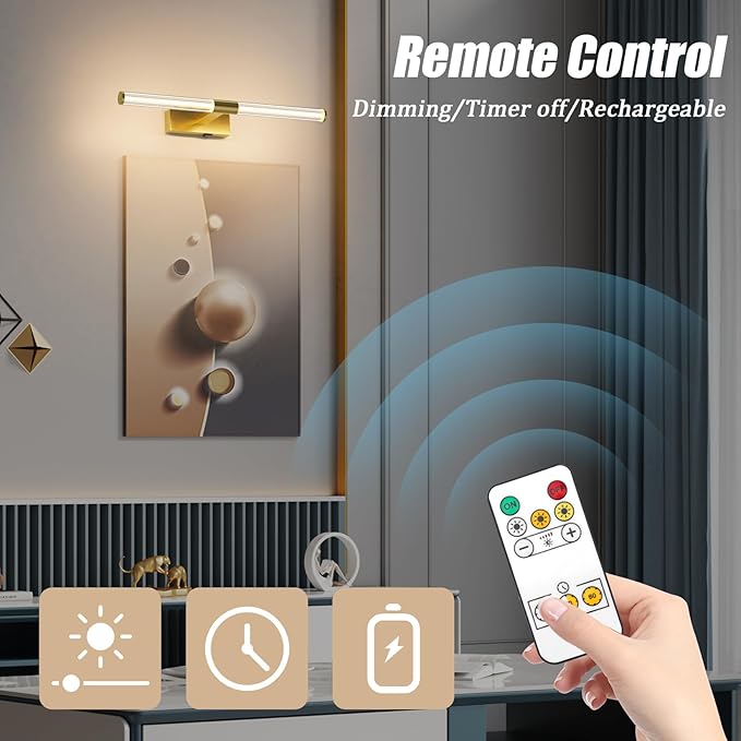 Gold Wireless Picture Light, Battery Operated 23.6 Inches for Wall, Rechargeable With Remote for Display Art Work