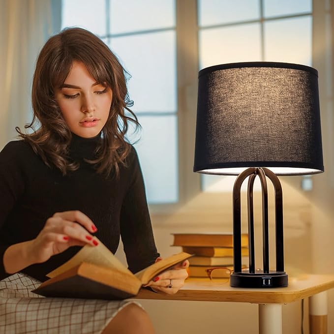 Lampshades Set of 2, Black Fabric Lamp Shades 11.6" Top x 12.6" Bottom x 9.8" High Drum Lampshades for Table Lamps, Floor Lamps, Pendant Light, E26 Base Harp Holders Included