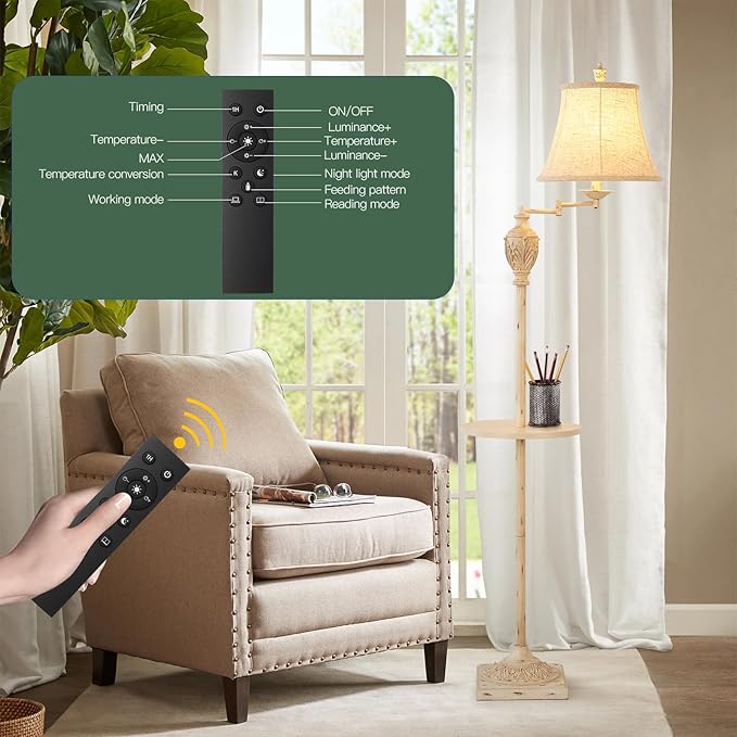 Traditional LED Floor Lamp with 350° Adjustable Swing Arm Lamp – Vintage Standing Pole lamp for Living Room, Bedroom and Office – Rustic Upright Floor Light for Home Décor with Silk Fabric Shade