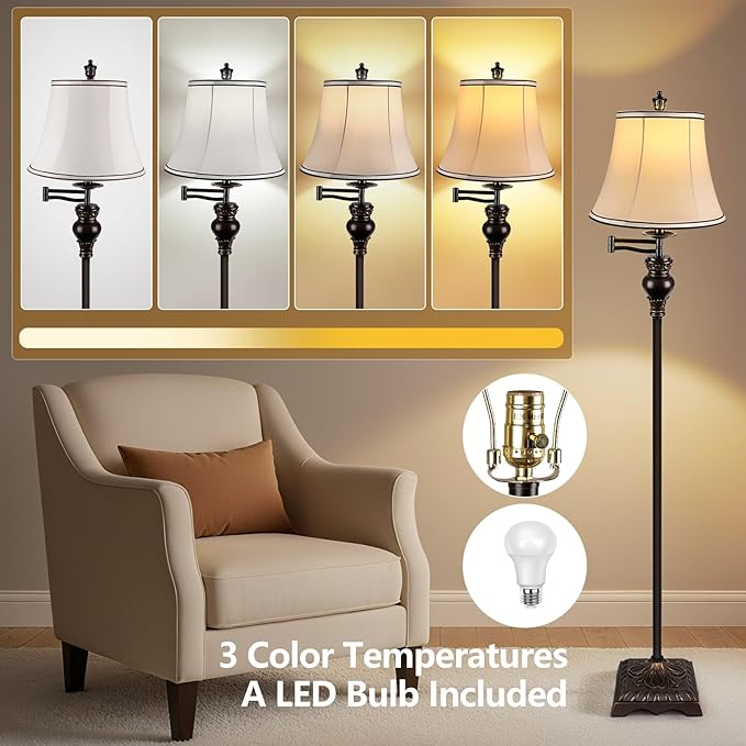 PARTPHONER Vintage Floor Lamps for Living Room,Traditional 350° Adjustable Swing Arm Farmhouse Floor Lamp for Bedroom, Rustic Standing Lamp Pole Lamps for Reading, Home Décor and Office, Brown