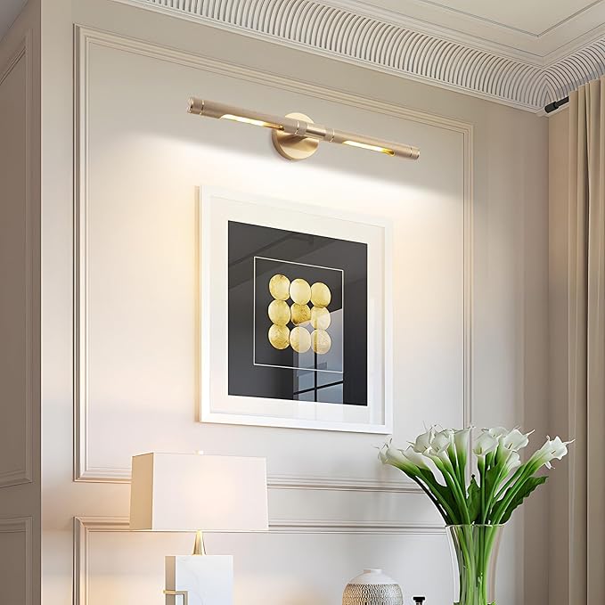 Brass Wall Lights for Pictures,23.6in Hardwired Gold Knurled Brushed Wall Picture Light,Rotatable 360° Modern Gallery Light for Bedroom Bathroom Vanity Mirror Study Room, E12 Bulbs Included