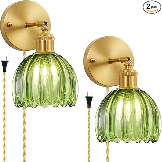 Glass Plug in Wall Sconces Set of 2, Vintage Wall Lamp with Plug in Cord Green Tulip Shade Decor Indoor, Gold Wall Light for Bedroom Bedside Kids Living Room Bathroom