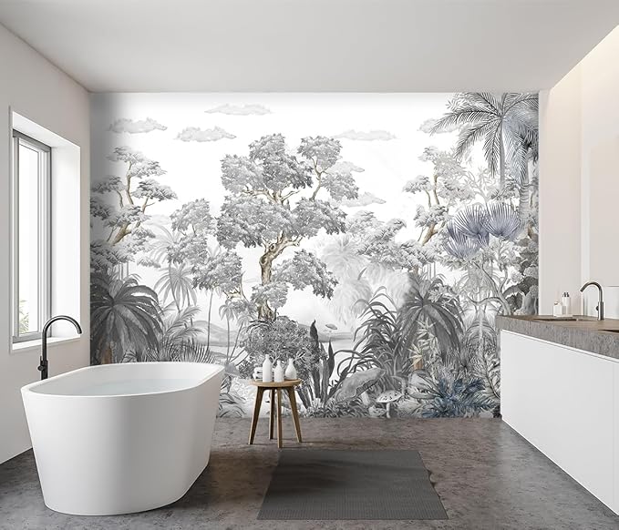 -Tropical Rainforest Botanical Grey Jungle Forest Fabric Wallpaper Living Room Palm Leaf Plant Bedroom Bathroom Large Wall Mural- 183"x120"（ not Peel and Stick）