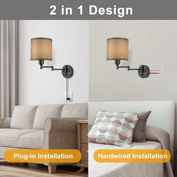 Dimmable Plug in Wall Sconces, Swing Arm Wall Lamp, Wall Sconces Set of Two, Plug in Wall Light, Sconces Wall Decor Set of 2, Grey Fabric Shade, 2pcs Bulbs Included