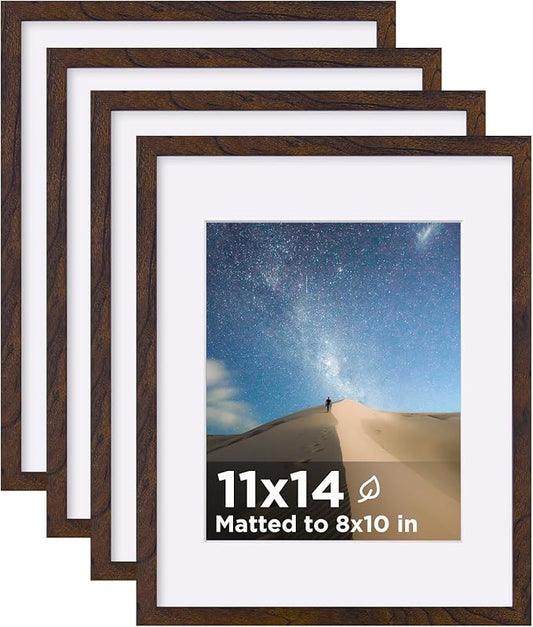 KINLINK 11x14 Picture Frame Set of 4, Wooden 14x11 Photo Frames with Plexiglass for 8x10 Picture with Mat or 11x14 Without Mat, Collage for Wall Gallery and Tabletop Display, 11 x 14 Frame Brown