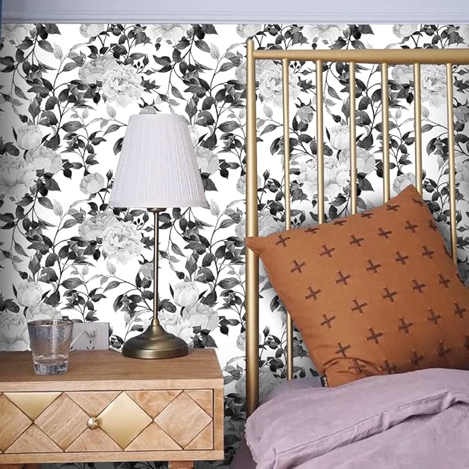 Floral Wallpaper Peel and Stick Black and White Wallpaper Self Adhesive Removable Vinyl Flower Contact Paper for Decorative Bedroom Home Wall (17.7"x118.1")
