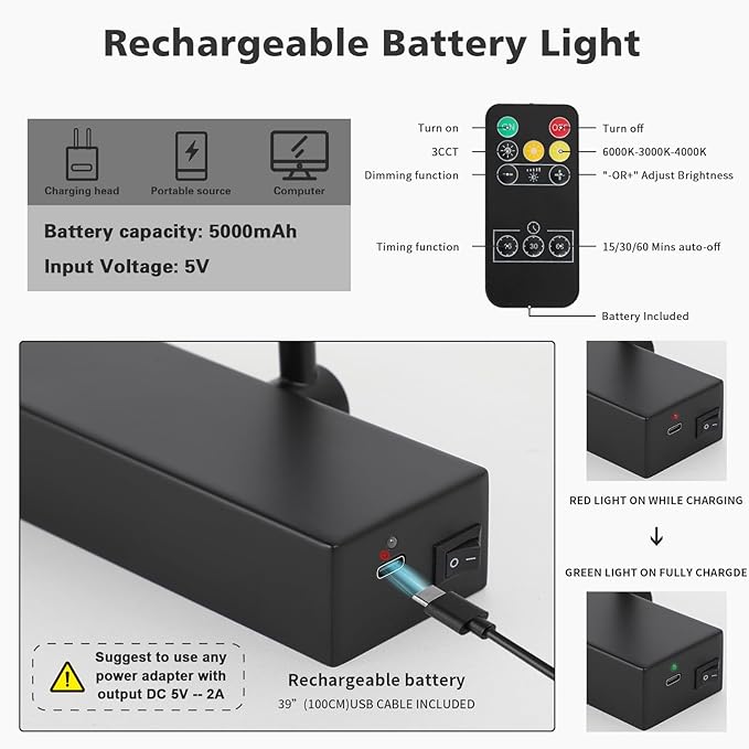 Joosenhouse Wireless Picture Light Battery Operate Library Light 15Inch 5000mAh Rechargeable Gallery Light with Remote Control Dimmer and Timer Off Function Black Wall Light