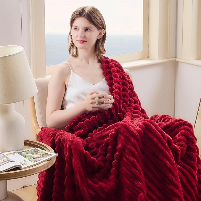 NEWCOSPLAY Super Soft Throw Blanket Red Premium Silky Flannel Fleece 3D Ribbed Jacquard Lightweight Bed Blanket All Season Use (Red Ribbed, Throw(50"x60"))