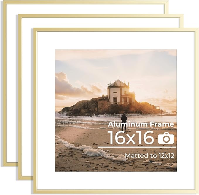 Aluminum 16x16 Picture Frame Golden, Metal Photo Frames with Mat for 12x12 Photo or Without Mat for 16x16 Photo, Metal Poster Frame Sawtooth Hanger for Easy Wall Display, set of 3