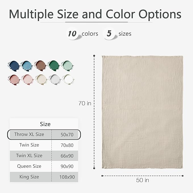 Carriediosa 100% Cotton Muslin Throw Blanket 50" X 70" Throw XL Size，4-Layers Summer Gauze Throws for Bed Couch，Soft Lightweight Breathable Linen Blankets Bedspread for Adults All Season，Khaki