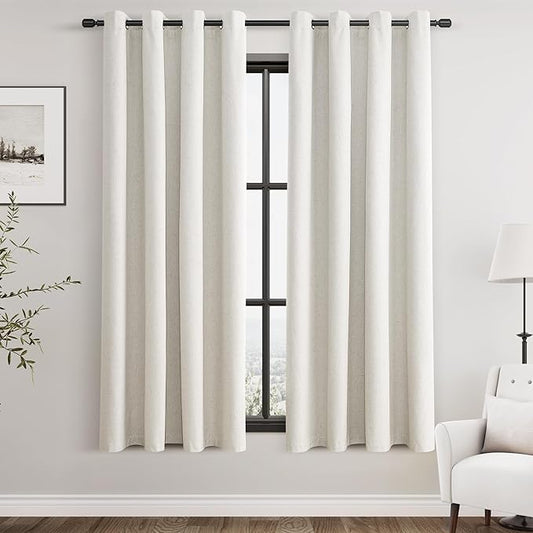 100% Blackout Linen Curtains for Bedroom Thermal Insulated Grommet Complete Blackout Drapes 63 Inch Length 2 Panels Set Heat and Full Light Blocking Living Room Darkening Curtains Natural