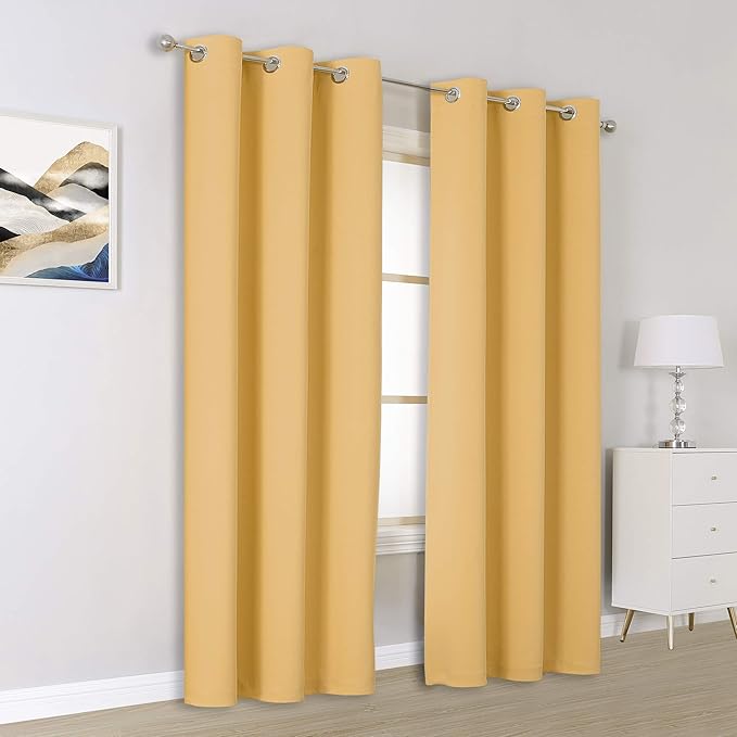 DUALIFE Butter Yellow Curtains for Bedroom Kids 84 Inches Long Room Darkening Solid Window Drapes for Living Room Thermal Insulated Grommet Top 42W x 84L,2 Panels