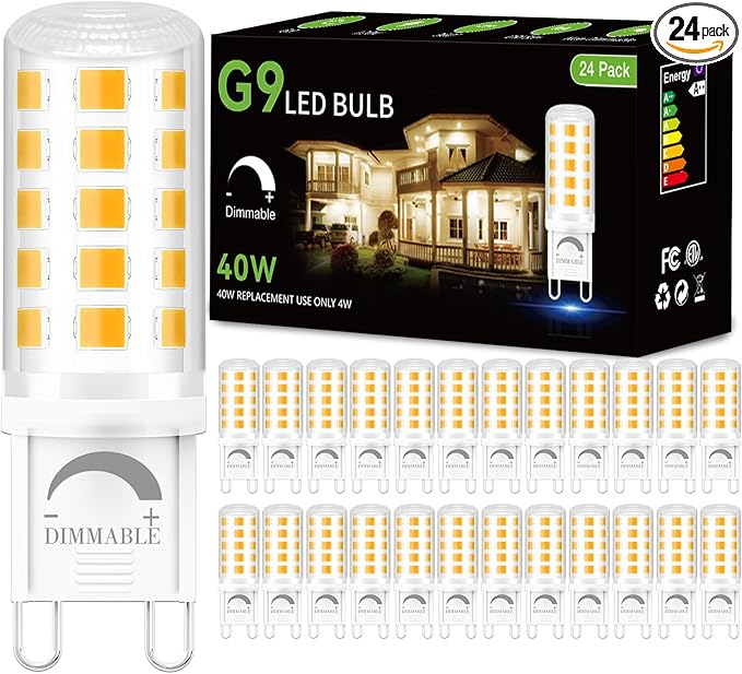 DAYBEETER 24 Pack Dimmable G9 LED Bulb 4W (40 Watt Equivalent), 3000K Soft Warm White, G9 Halogen Bulb,T4 G9 Bi-pin Base Light Bulbs for Chandelier,120V 450LM 360 Beam Angle No-Flicker G9 Bulb