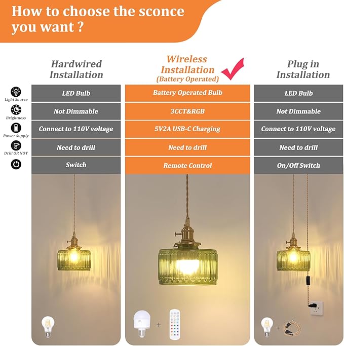 Battery Operated Pendant Light 5000mAh Rechargeable Chandelier with Remote Control Wireless Adjustable Hanging Green Striped Light for Kitchen Island Dining Room Hallway