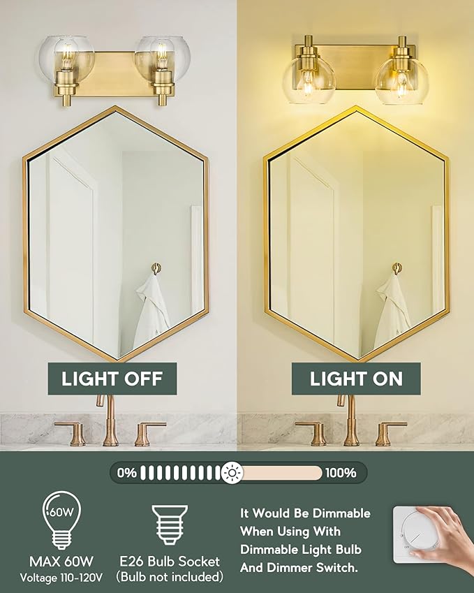 Bathroom Light Fixtures, 2 Light Brushed Gold Vanity Light, Modern Wall Sconces with Clear Glass Globe Shade, Bathroom Wall Lights Over Mirror Kitchen Bedroom Hallway, VL195-GD-2