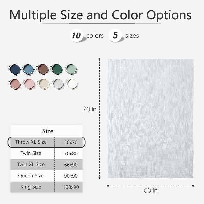 Carriediosa 100% Cotton Muslin Throw Blanket 50" X 70" Throw XL Size，4-Layers Summer Gauze Throws for Bed Couch，Soft Lightweight Breathable Linen Blankets Bedspread for Adults All Season，White