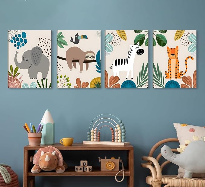 4pcs framed Baby Safari Nursery Wall Art Zebra elephant tiger monkey Pictures Poster Cute Animal Canvas Paintings Prints Decor for Kid Room Baby Room Wall Decor