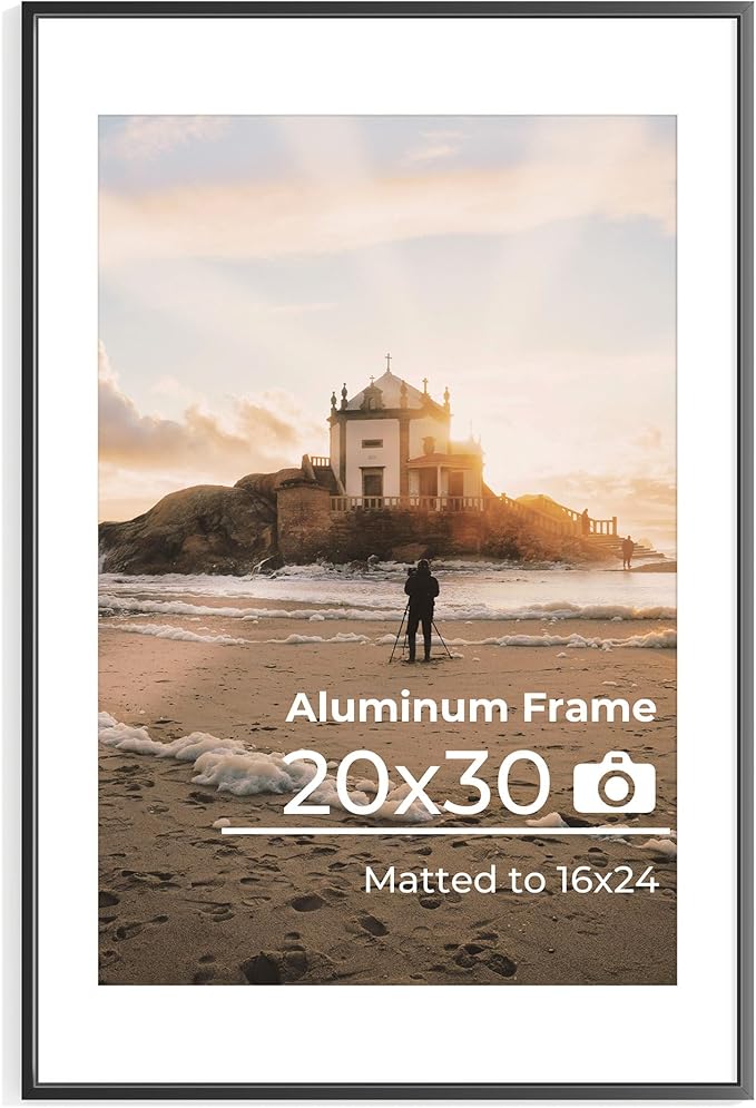 20x30 Aluminum Picture Frame, 20x30 Black Metal Frame with Mat for 16x24 Photo, Wall Mounting or Tabletop Display, Poster Frame Sawtooth Picture Hangers Included for Home Wall Decor, Set of 1