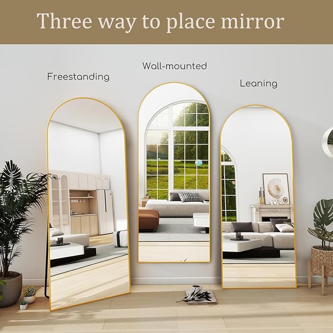 TinyTimes 70''x26'' Full Length Mirror, Large Arched Floor Mirror with Stand, Oversized Wall Mirror, Full Body Mirrors Standing Leaning for Living Room, Bedroom (Gold)