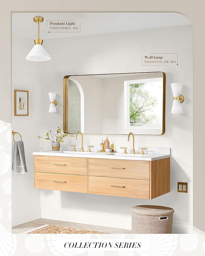 Modern Wall Sconce Set of 2, HWH 2-Light Up Down Wall Light Indoor Vanity Wall Lamp, Brushed Gold Bathroom Vanity Sconce Frosted White Striped Glass Shade, 5HZG97B-2W-2PK BG