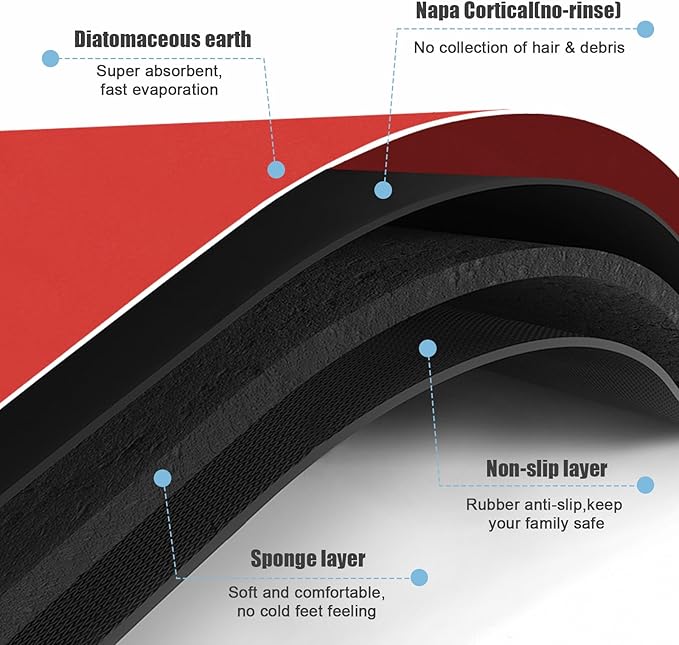Large Bathroom Rugs Diatomaceous Earth Bath mat Super Absorbent Quick Dry Non Slip Bath Mat Thin Bathroom Floor Mats Fit Under Door-Shower Rug for in Front of Bathtub Shower, Red, 19.6"x31.5"