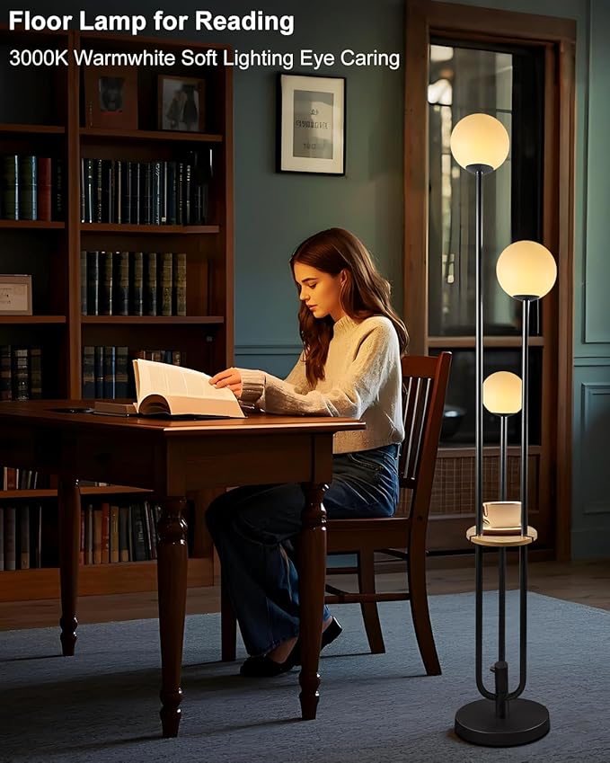 63IN Dimmable Floor Lamp with Shelf, Unique Globe Black Tall Standing Lamps Candle Holder Style, 3000K Warmwhite Mid Century Modern Floor Lamp for Living Room Home Office(Bulbs Included)