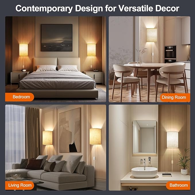 Plug in Wall Sconces Set of Two: Wall Lights with On/Off Switch - Stepless Color Temperature Wall Mount Lamps - Fabric Linen Wall Sconce for Bedroom Living Room & Hallway- Indoor Corded Wall Sconces