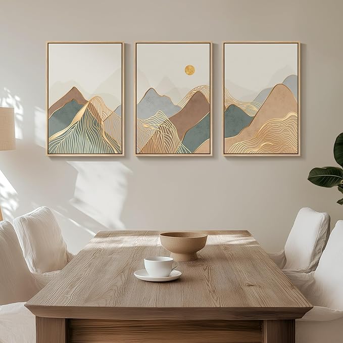 Framed Boho Mountain Wall Art for Living Room, Large Modern Canvas Nature Landscape Prints Artwork for Walls, Minimalist Sun Line Painting, Hallway, Bedroom, Kitchen, Office Wall Decor, 16x24 Inch