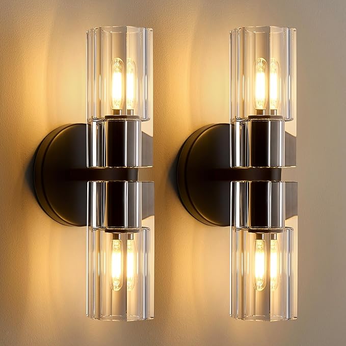 Crystal Wall Sconces Set of Two, 13" Modern Brass Sconces Lighting with K9 Crystal Lampshade,Indoor Wall Sconce Bedroom Wall Light Fixtures for Living Room Bathroom Hallway Stairs Entryway