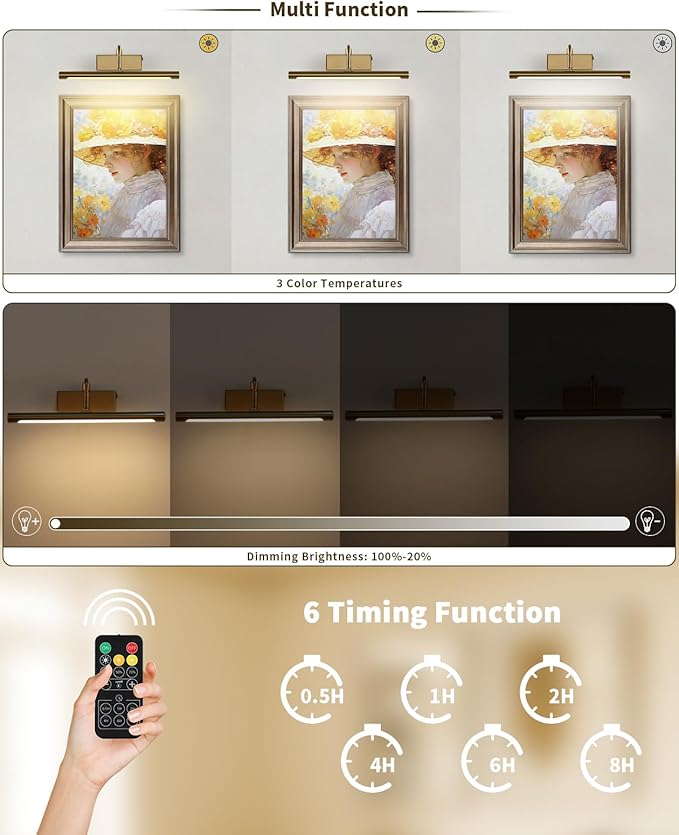 Joosenhouse Battery Operated Picture Light Wireless Gallery Lights 5000mAh Rechargeable Wall Light with Remote Control Dimmable and Timer Off 15Inch Brass Color