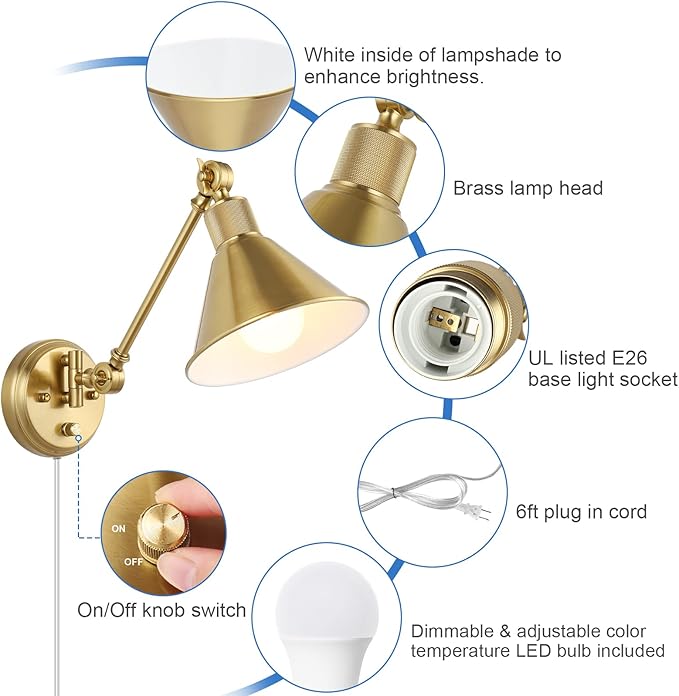 TRLIFE Dimmable Wall Sconce with Remote Control, Brushed Brass Plug in Wall Sconces Adjustable Color Temperature 2700K-6000K, Swing Arm Wall Lights with Plug in Cord, UL Listed(2 Pack, 2 Bulbs)
