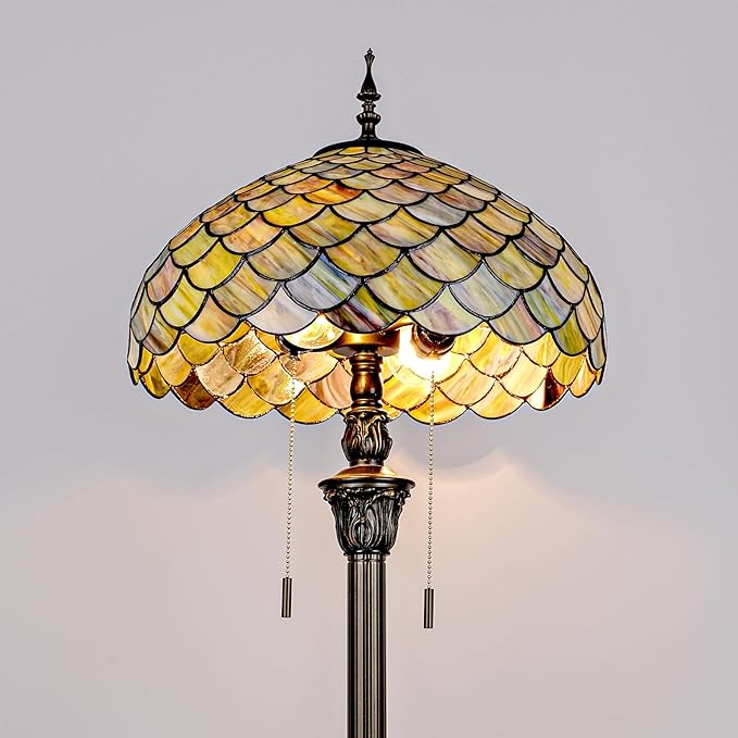 Tiffany Floor Lamp Green Wisteria Style Stained Glass Standing Reading Light 16x16x64 Inch Retro Inspired Pole Corner Lighting Art Decor for Bedroom Living Room Home Office (Green Fishscale)