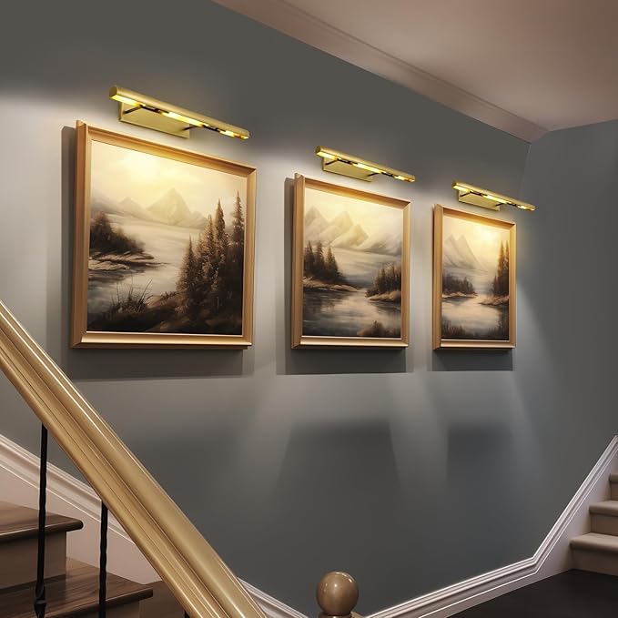 Brass Picture Lights for Wall, 24" Linear Picture Light Hardwired, 3-Light Brush Gold Art Light, Warm White 2700k Dimmable Picture Lamp, 270° Picture Frame Light for Bathroom, Living Room, Hallway