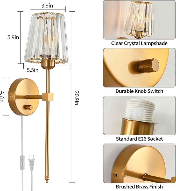 Crystal Wall Sconces Set of 2, Dimmable Wall Sconce with Plug in Cord and Dimmer Gold Plug in Wall Lamp Wall Mounted Light with Crystal Shade for Living Room Bedroom Vanity Light, Bulbs Included