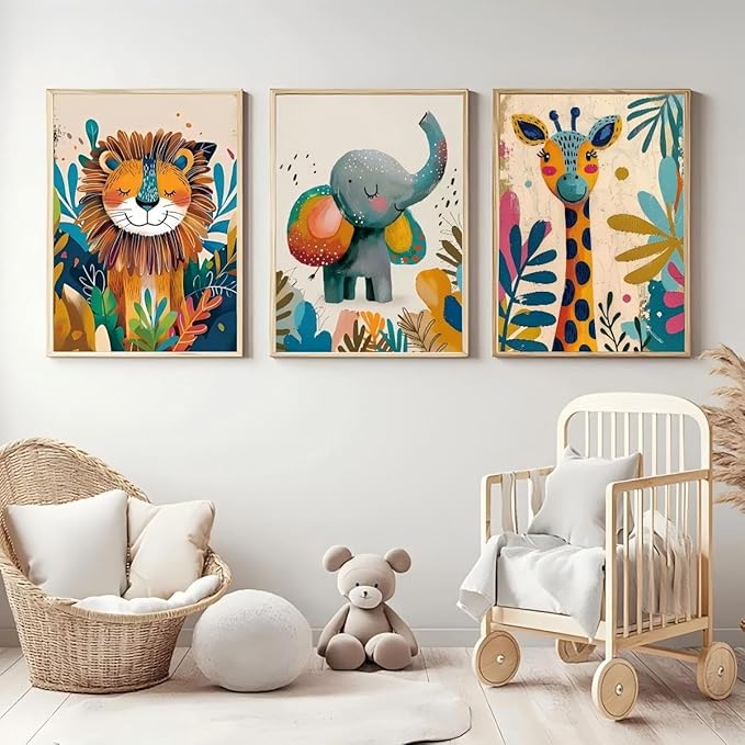 3Pcs Safari Animal Nursery Canvas Wall Art Cute Watercolor Elephant Giraffe Lion Pictures Wall Decor Colorful Jungle Animals Posters Painting Prints for Kids Room Baby Boys and Girls Room, Unframed