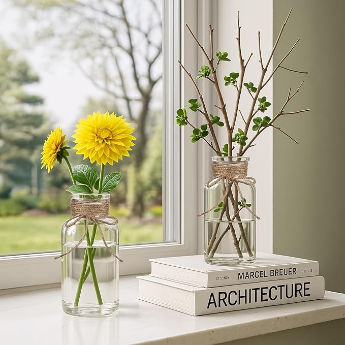 Vintage Glass Flower Vase Bulk 16 Pack Farmhouse Transparent Centerpiece Vases with Hemp Rope Mason Jars for Weddings Parties Dining Table Home Decor（Large）