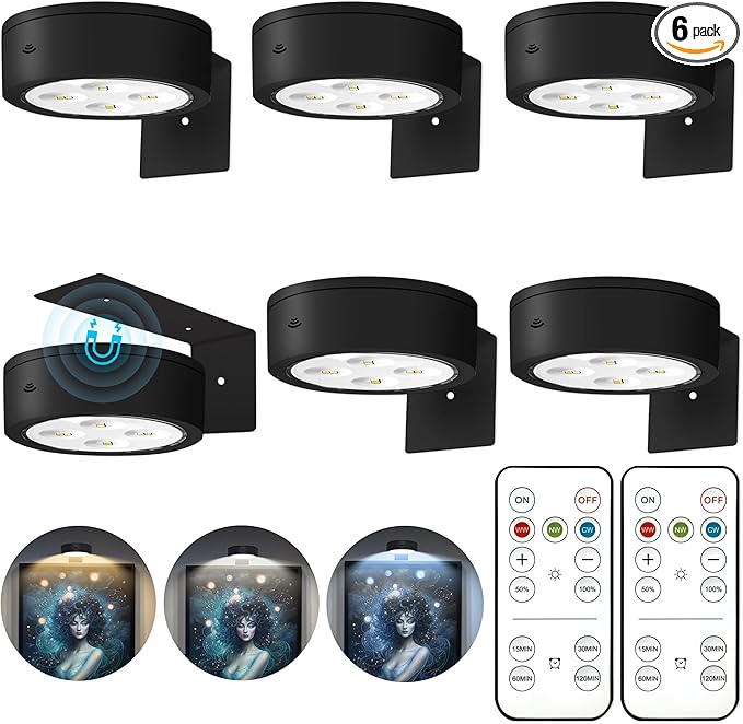 6Pcs Picture Lights for Wall Battery Operated, Magnetic Led Painting Light with Remote Dimmable and Timer, 3 Lighting Modes Art Display Light for Picture Frame, Wireless Wall Decor Puck Lights, Black