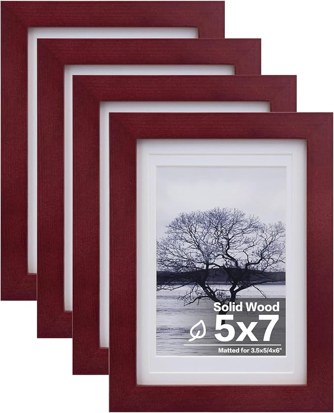 Egofine 5x7 Picture Frames 4 Pack Covered by Plexiglass for Picture 4x6 with Mat or 5x7 whitout Mat Made of Solid Wood for Table Top Display and Wall Mounting Photo Frame, Cherry Red