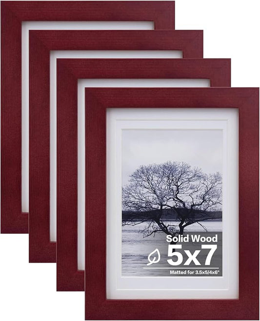 Egofine 5x7 Picture Frames 4 Pack Covered by Plexiglass for Picture 4x6 with Mat or 5x7 whitout Mat Made of Solid Wood for Table Top Display and Wall Mounting Photo Frame, Cherry Red