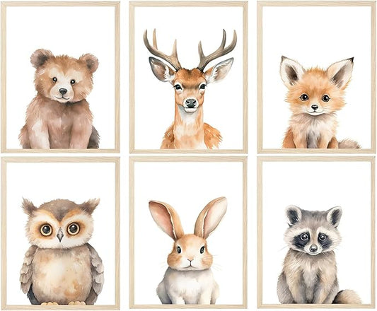 6 Animal Wall Art for Kids Room, Baby Room, Woodland Animals, Cute Bear, Deer, Rabbit Poster Prints, Safari Themed Paintings for Boys Girls Room (8x10 Inch Posters)