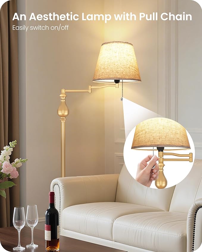 Vintage Floor Lamp with 350°Adjustable Swing Arm, 61” Mid-Century Modern Floor Lamp, Farmhouse Standing Pole Lamp, Antique Reading Lamp for Living Room, Bedroom, Office, Linen Shade, Gold DE13LD05