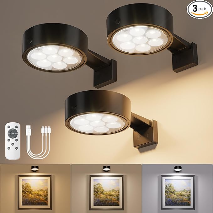 VOLISUN Picture Lights for Wall, 4000mAh Rechargeable Picture Light Battery Operated, 3 Color Temperatures Cordless Picture Light with Remote, Art Light for Painting, Gallery, Portrait, 3 Pack (Black)