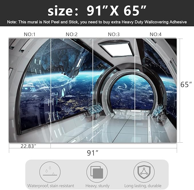 -3D Capsule Space Fabric Wallpaper Living Room Bedroom Bathroom Boys Girls Children's Room Spaceship Large Mural- 91"x65"（ not Peel and Stick）