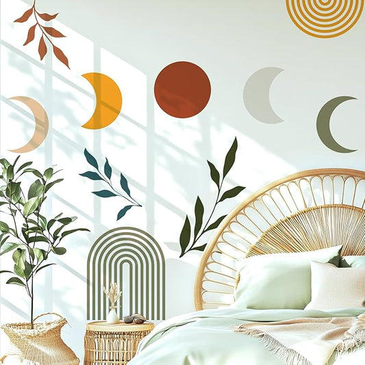 Boho Mid-Century Sun and Moon Wall Decals Peel and Stick, Large Arch Vinyl Wall Stickers, Removable Leaves Home Decor Art for Bedroom Living Room Classroom Office