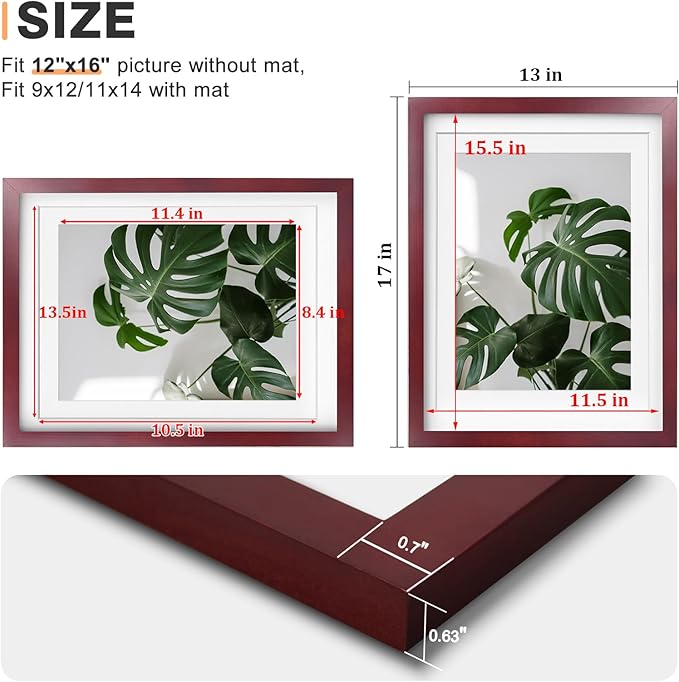Egofine 12x16 Picture Frames with Plexiglass, Display Pictures 9x12/11x14 with Mat or 12x16 Without Mat Set of 4 for Wall Mounting,Cherry Red