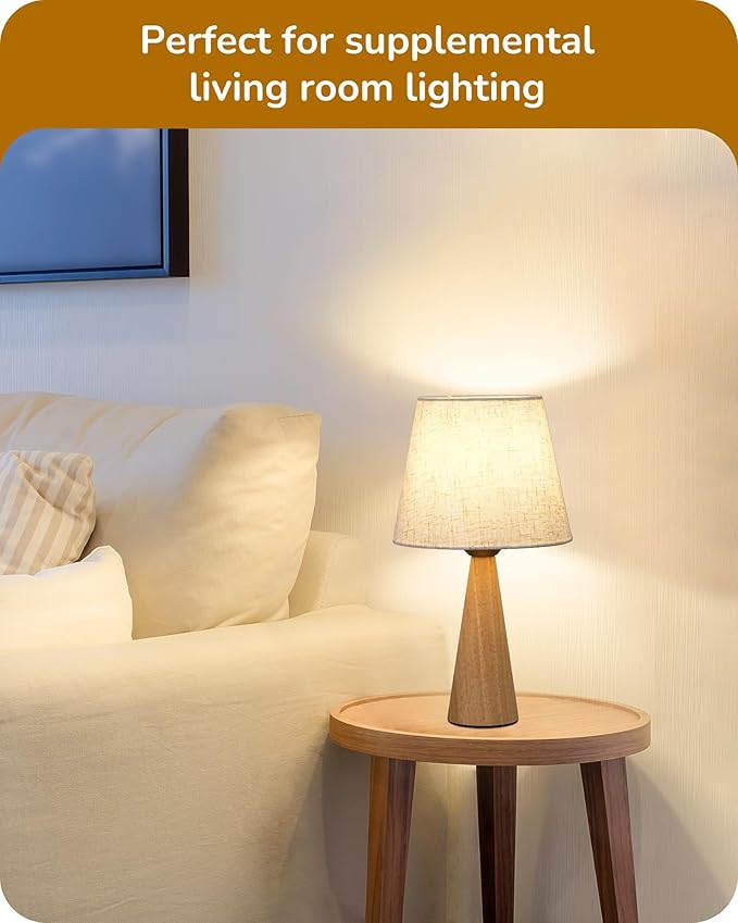 EDISHINE 13.58" Small Cute Table Lamp, Wooden Base Bedside Lamp with Beige Linen Lampshade, Space-Saving Nightstand Lamp for Nursery Bedroom Living Room, E26, ON-Off Button, Burlywood Base