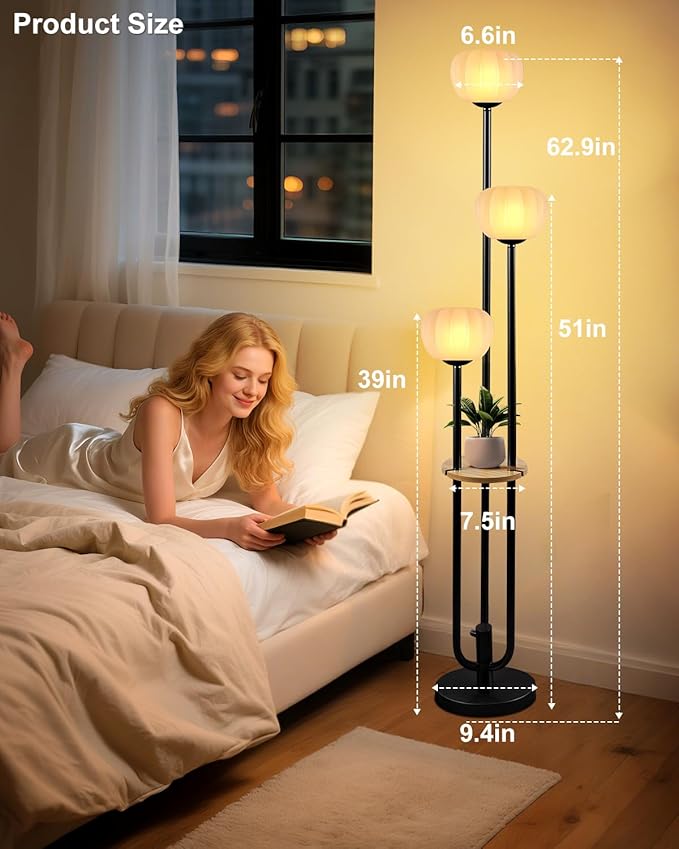 Lightdot Black Floor Lamp with Table, Modern Dimmable Floor Lamps with Pumpkin Lampshade, 3000K Soft Warm White Bulbs Included, 3-Light Tall Standing Lamp for Living Room/Bedroom