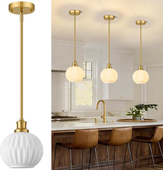 Milk Glass Pendant Lights Kitchen Island, 1-Light 7.1" Brushed Gold Modern Pendant Light Fixtures with Rods, Globe Hanging Lighting for Kitchen Sink Bathroom Dining Room, E26 Base