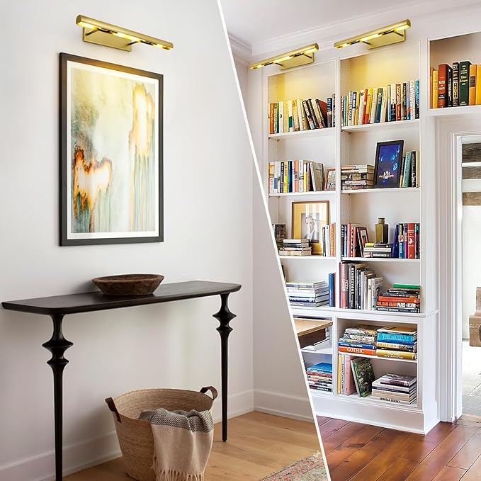 Brass Picture Lights for Wall, 24" Linear Picture Light Hardwired, 3-Light Brush Gold Art Light, Warm White 2700k Dimmable Picture Lamp, 270° Picture Frame Light for Bathroom, Living Room, Hallway